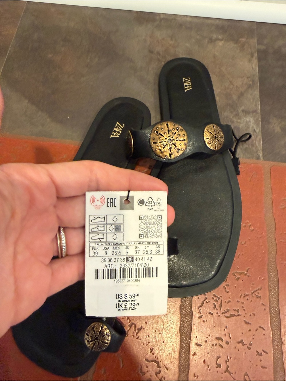 Zara Black Leather Toe-Loop Sandals with Brass Medallions - Women - Picture 4 of 4